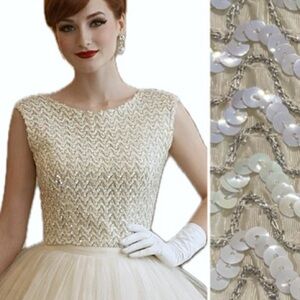 Vintage 60s Alice of California Sequin Beaded Tank Size Small Zip Back Off White